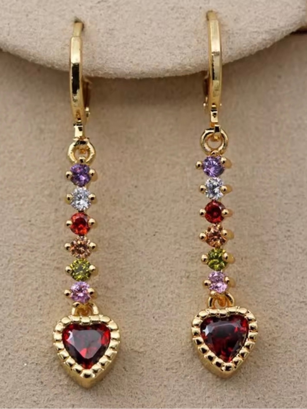 Italian Luxury Gold Tone Multicolor Crystal Heart Dangle Drop Earrings NWOT